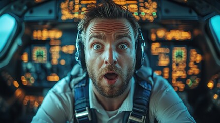 Obraz premium Surprised Pilot: Astonished Aviator in Front of Stylish Aviation Backdrop