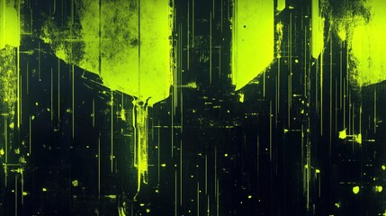 A striking abstract digital art in green and black with sharp vertical and geometric lines and textured elements.