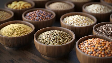 A vibrant display of various seeds and legumes in wooden bowls, highlighting their rich colors and textures, perfect for culinary and nutritional purposes.