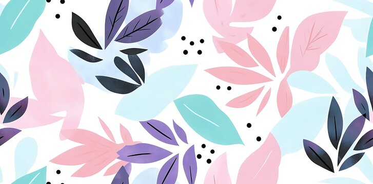 Playful seamless pattern featuring pastel colored tropical leaves