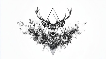 Moody Deer Antler Triangle Floral Silhouette in Black and White
