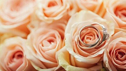 Wedding rings placed on a bouquet of roses, symbolizing eternal love and celebration. Copy space included.