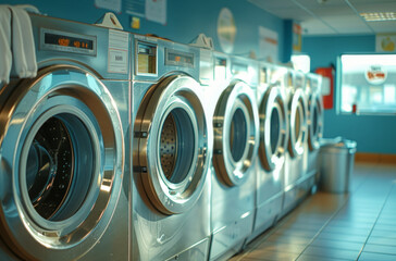 A row of industrial washing machines in a public laundromat