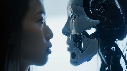 Fototapeta premium Girl looks into the eyes of a white robot