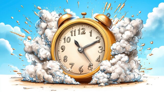 Golden alarm clock exploding amidst clouds and blue sky, symbolizing urgency and the passage of time.