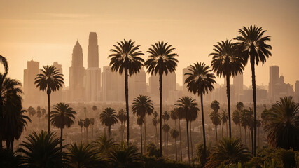 Silhouetted palm trees against hazy city skyline in golden hour light, illustrating serene urban oasis.