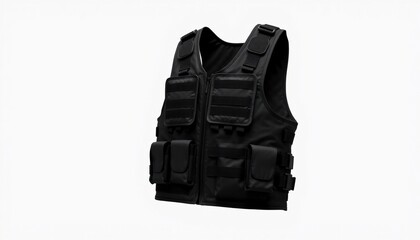 Naklejka premium Black Tactical Vest with Front Pockets and Adjustable Straps on White Background 