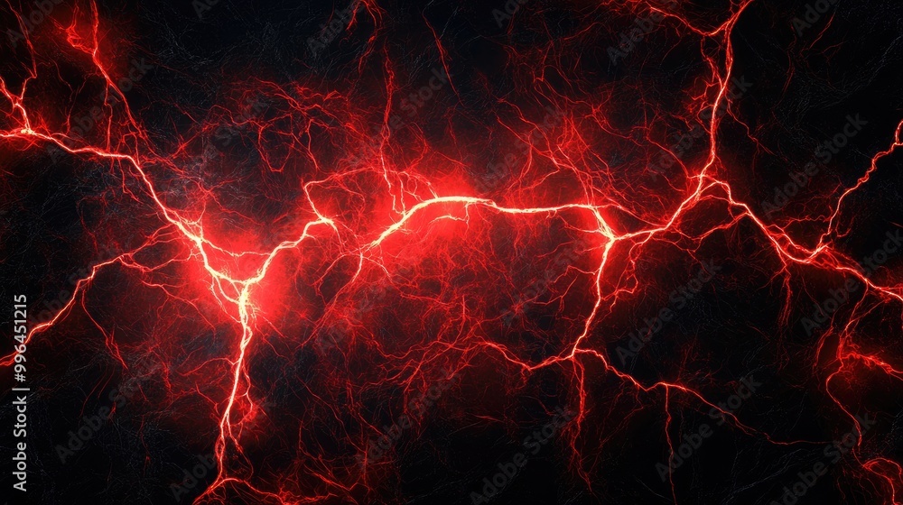 Poster electric red lightning branches out in sharp patterns on a dark background, giving a powerful abstra