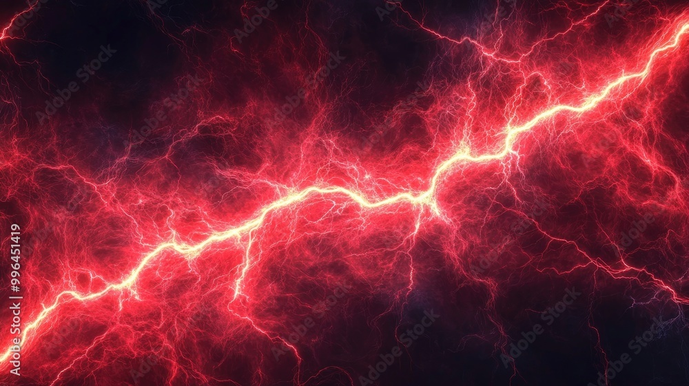 Poster electric red lightning branches out in sharp patterns on a dark background, giving a powerful abstra