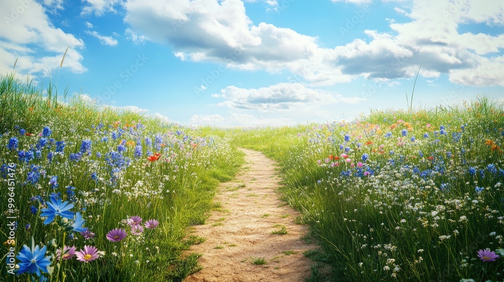 Poster a dirt path leading through an open field, with wildflowers on either side and space for text.