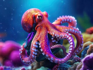 Octopus with a tiny rucksack climbing a coral mountain, underwater, graceful and intelligent, vibrant reef