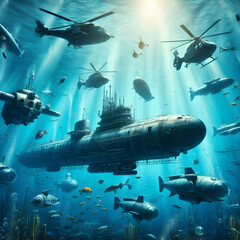Steampunk submarines and helicopters navigating a vibrant underwater world