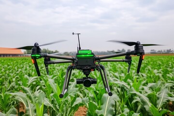 Naklejka premium A farmer using a drone for precision agriculture, powered by green technology to reduce carbon emissions