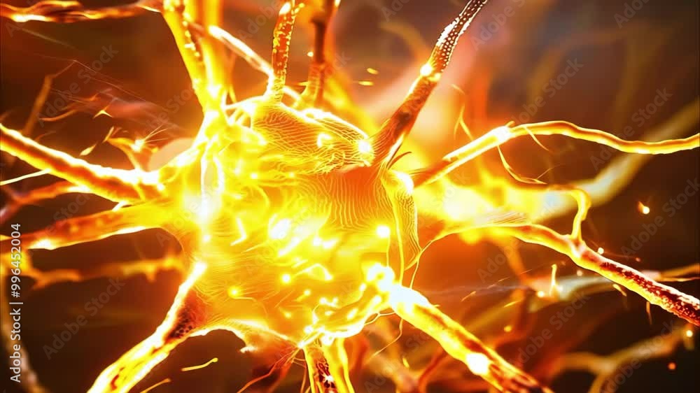 Poster a close-up view of neurons, showcasing their intricate structures and connections in a vibrant, glow