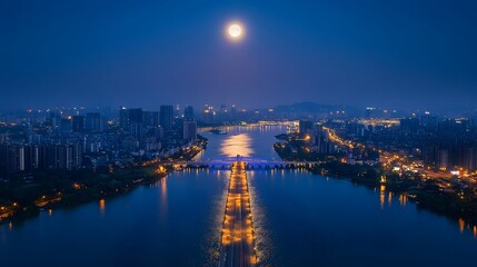 Fototapeta premium Breathtaking Night Cityscape with Illuminated Skyline Reflected on the Tranquil River