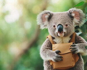 Naklejka premium Koala with a tiny rucksack climbing a eucalyptus mountain, green and lush, calm and peaceful