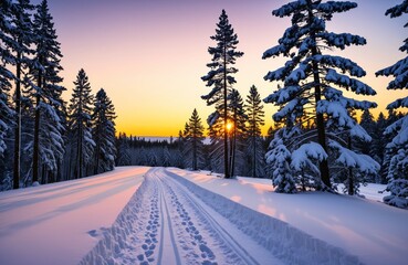 Winter sunset over snowy forest with animal tracks