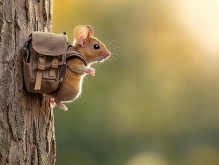Obraz premium Mouse with a rucksack climbing a tall tree, delicate and agile, small but determined, serene forest