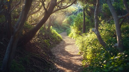 Naklejka premium A narrow hiking trail through a dense forest, with sunlight filtering through the trees and room for text.