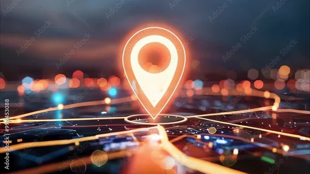 Poster a glowing map marker icon overlaid on a digital network of streets and lights, representing location