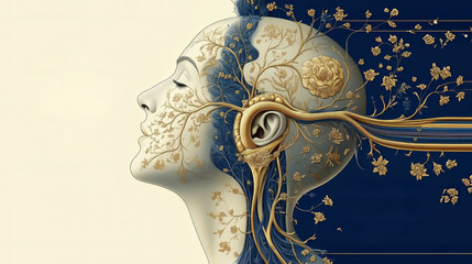 An artistic medical illustration depicting a side profile of a human head and neck with an anatomical cutaway. With copy space for text