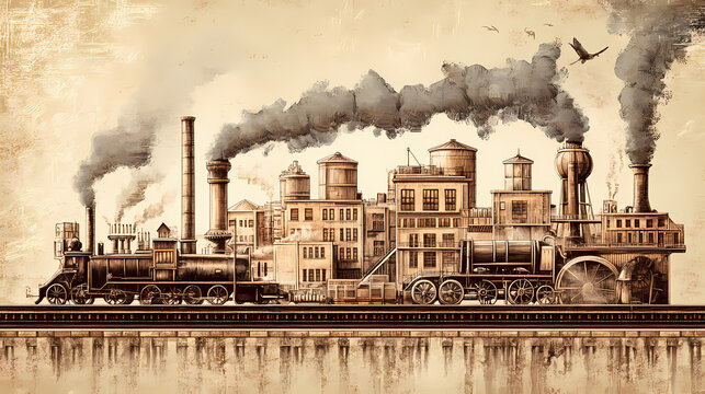 A simple drawing of how machines, factories, and steam changed the way we lived and worked during the industrial revolution. Industrial Revolution. Illustration
