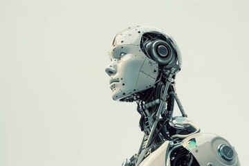 A robot with a white face and silver body stands in front of a white background