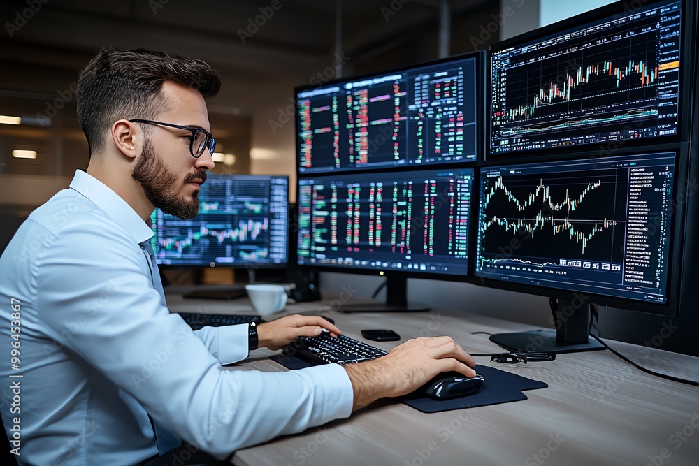 Aufkleber A financial analyst working on a computer, analyzing stock market data on multiple screens in a modern office