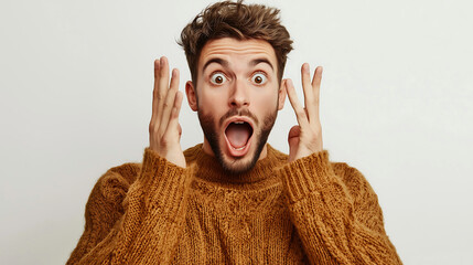 Surprised Young Man with Hands on Face Wearing Brown Sweater