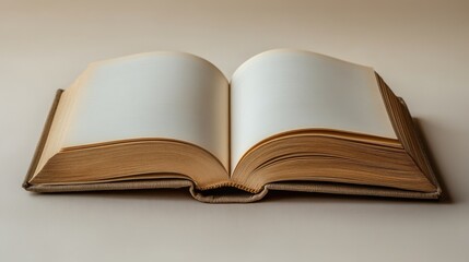 Open book with blank pages on neutral background and vintage appearance