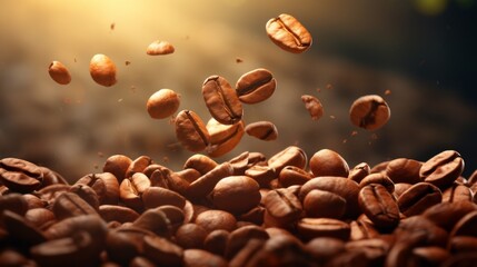 Obraz premium Roasted coffee beans falling on heap against brown background. Neural network ai generated art
