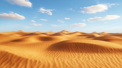 A sandy desert with large dunes stretching into the horizon, leaving space for copy in the sky.