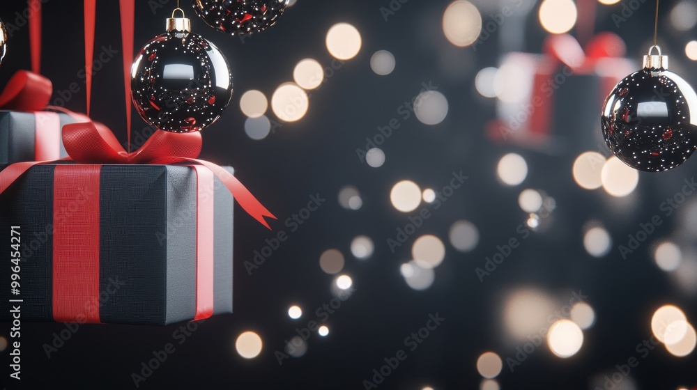 Canvas Prints Christmas gift boxes with red ribbons. Blurred background with balloons and lights. Copy space. Cyber Monday and sale concept. Generated AI.