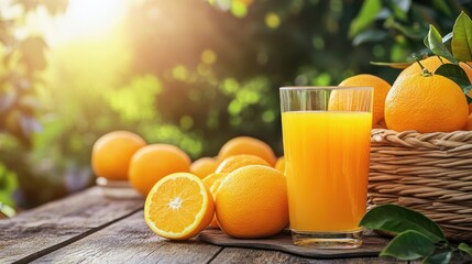 Fresh orange juice in a glass next to a basket of oranges, placed on a rustic wooden table for a natural, healthy setting.