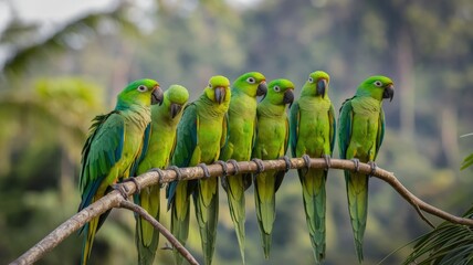 A photo of a group of bright green parrots perched on a branch. The parrots have vibrant green feathers and are perched on a branch. The background is blurred, showing a lush green forest.