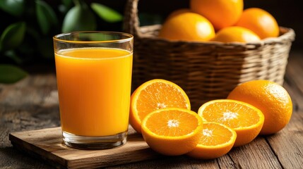 Fresh orange juice in a glass next to a basket of oranges, placed on a rustic wooden table for a natural, healthy setting.