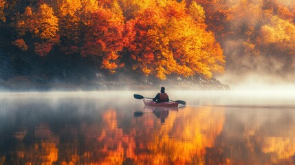 Fototapeta premium A person kayaking in water with colorful Autumn foliage woods