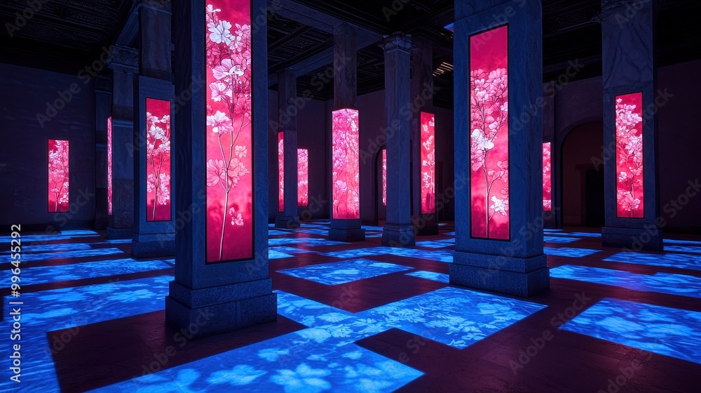 Poster a vibrant art installation with illuminated pillars and colorful floor patterns in a dark space.