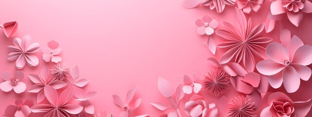 Obraz premium 3D paper cut style, pink background with lots of pastel-colored flowers on the side, empty space for text