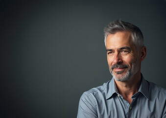 Fototapeta premium Mature Man with Confident Expression Looking Away Against Dark Background with Copy Space