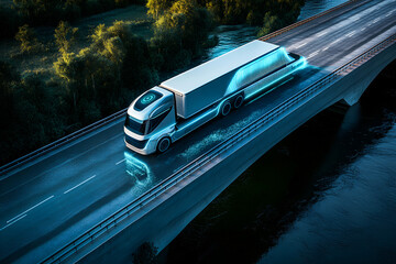 Autonomous futuristic  truck on the road, an Autonomous truck with artificial intelligence, drives over a bridge over the river Cargo delivery, transportation of the future. 