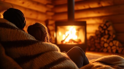 Cozy couple enjoying warmth by the fireplace in a rustic cabin setting.