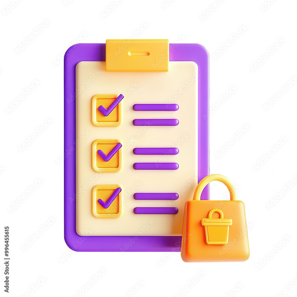 Poster this is a colorful 3d rendering of a clipboard checklist alongside a padlock. it symbolizes security