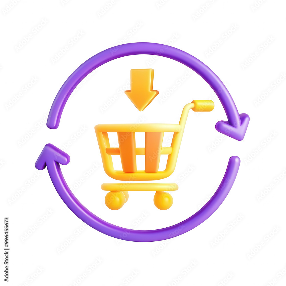 Poster a colorful 3d representation of a shopping cart within circular arrows indicating a cycle or refresh