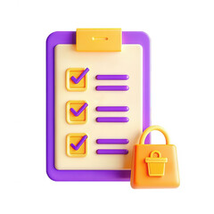 This is a colorful 3D rendering of a clipboard checklist alongside a padlock. It symbolizes security and organization in tasks.