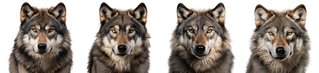 Set of gray wolves in a close-up, isolated on transparent background, cutout PNG file © The Stock Guy