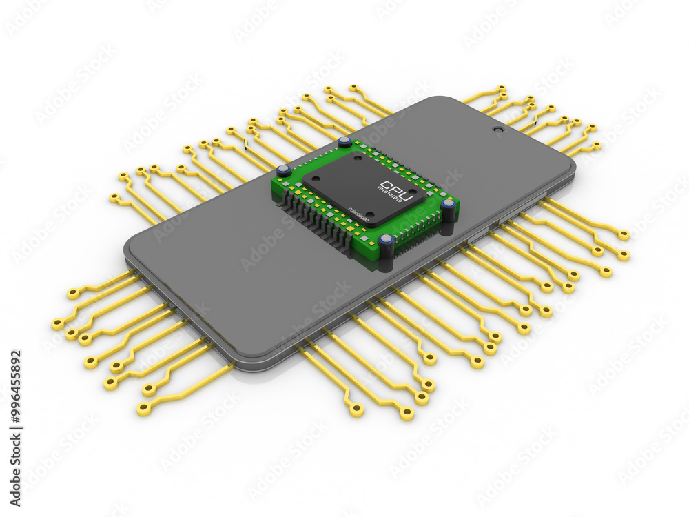 Poster 3d rendering microchips with mobile phone