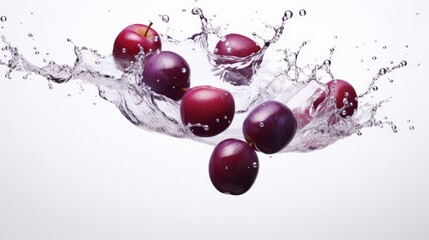 Splash of water and few purple plums on white background. Neural network ai generated art