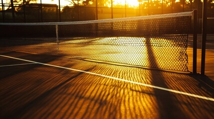 Capture a quiet, early morning scene at a tennis court. The sun is just rising, casting a golden glow over the court, with long shadows stretching across the net.