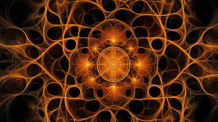 Vibrant symmetrical fractal in glowing orange shades with intricate swirling patterns and central core.